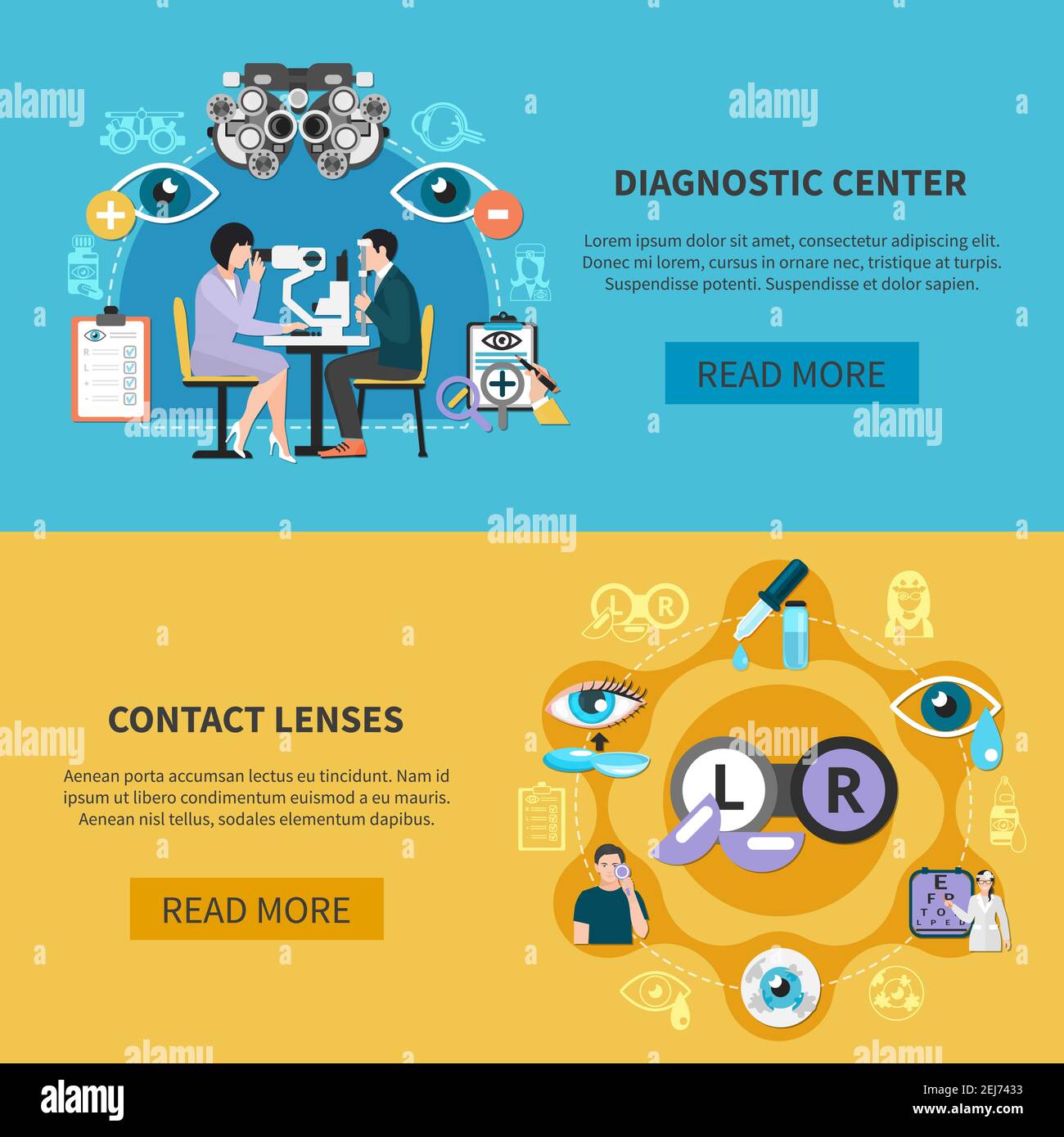 Oculist 2 horizontal banners webpage design with optometric diagnostic and contact lenses use care information vector illustration Stock Vector