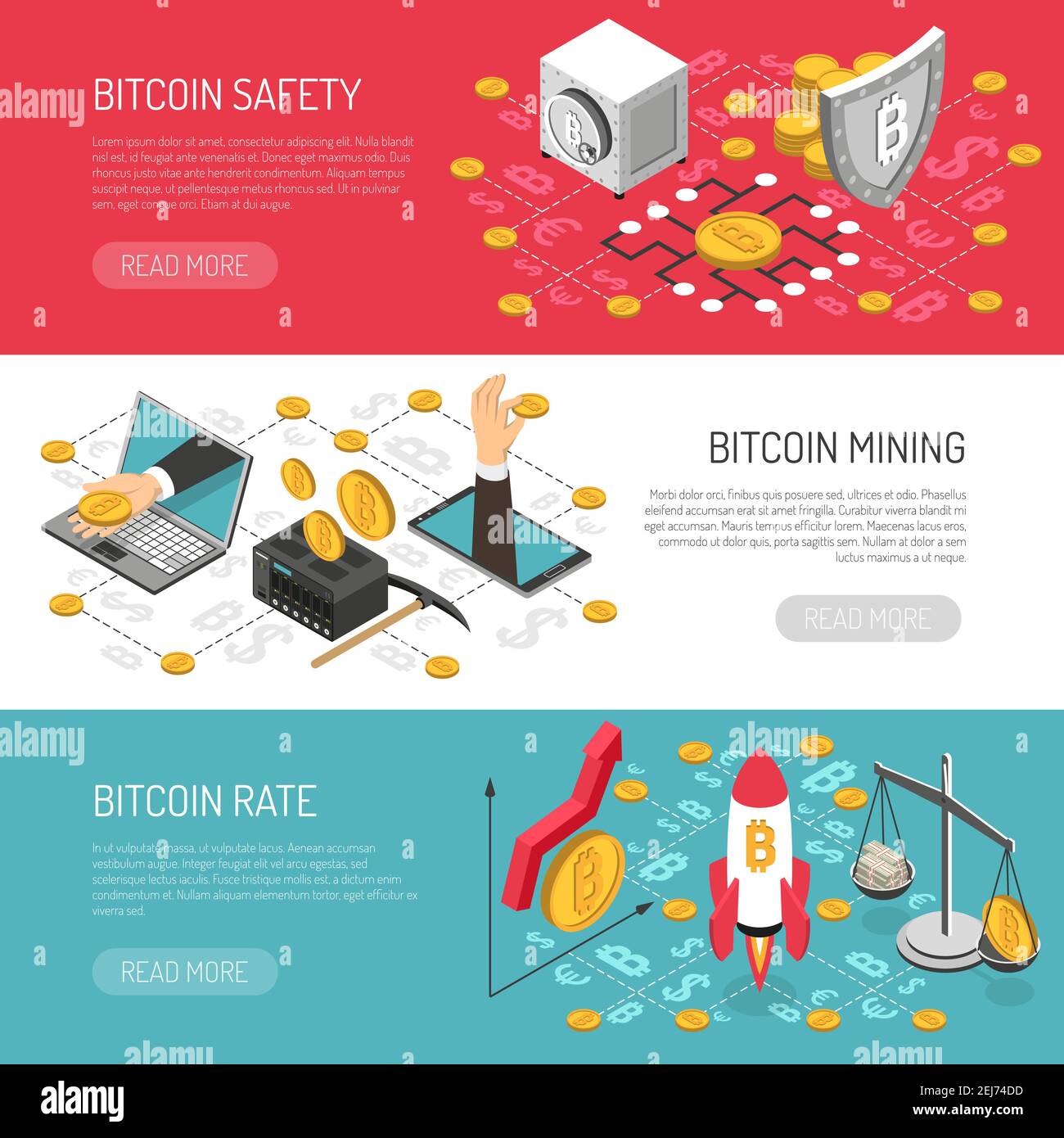 Bitcoin cryptocurrency secure transactions and mining 3 horizontal  isometric banners set with money raising symbol vector illustration Stock  Vector Image & Art - Alamy
