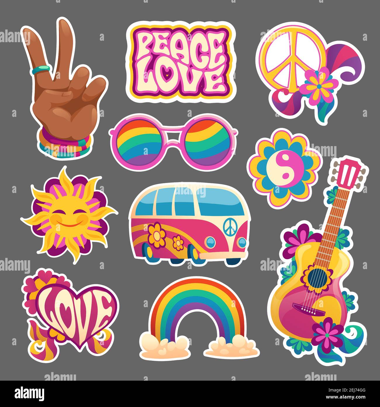 Hippie stickers or icons hand gesturing peace symbol, flowers, bus and rainbow or sunglasses. Guitar, Yin Yang sign, smiling sun and heart with love word, isolated retro patches, Cartoon vector set Stock Vector