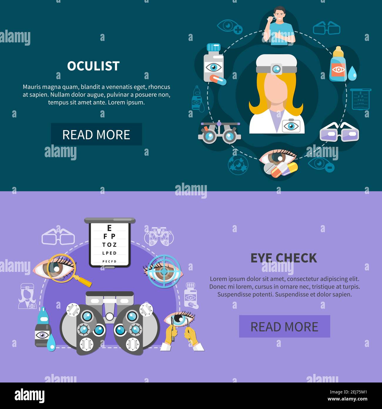 Oculist 2 horizontal banners webpage design with complete eye examination and visual problems diagnostic isolated vector illustration Stock Vector