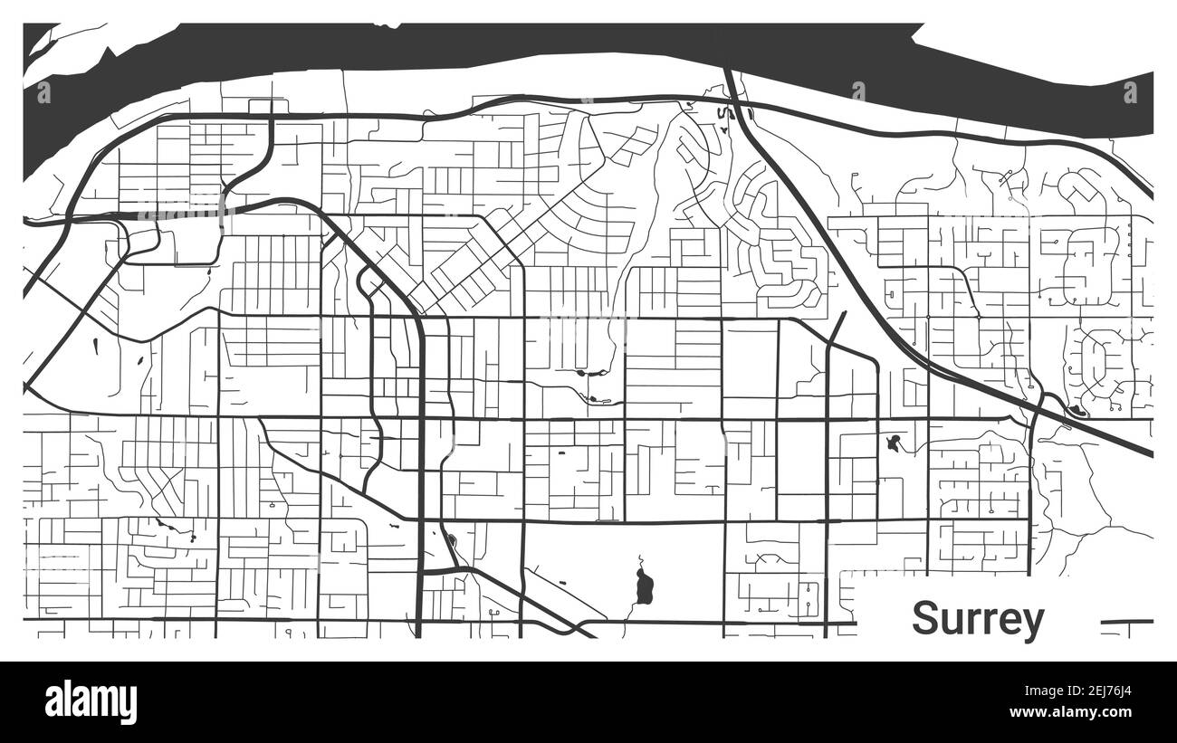 Map of Surrey city, British Columbia, Canada. Horizontal background map poster black and white land, streets and rivers. 1920 1080 proportions. Royalt Stock Vector