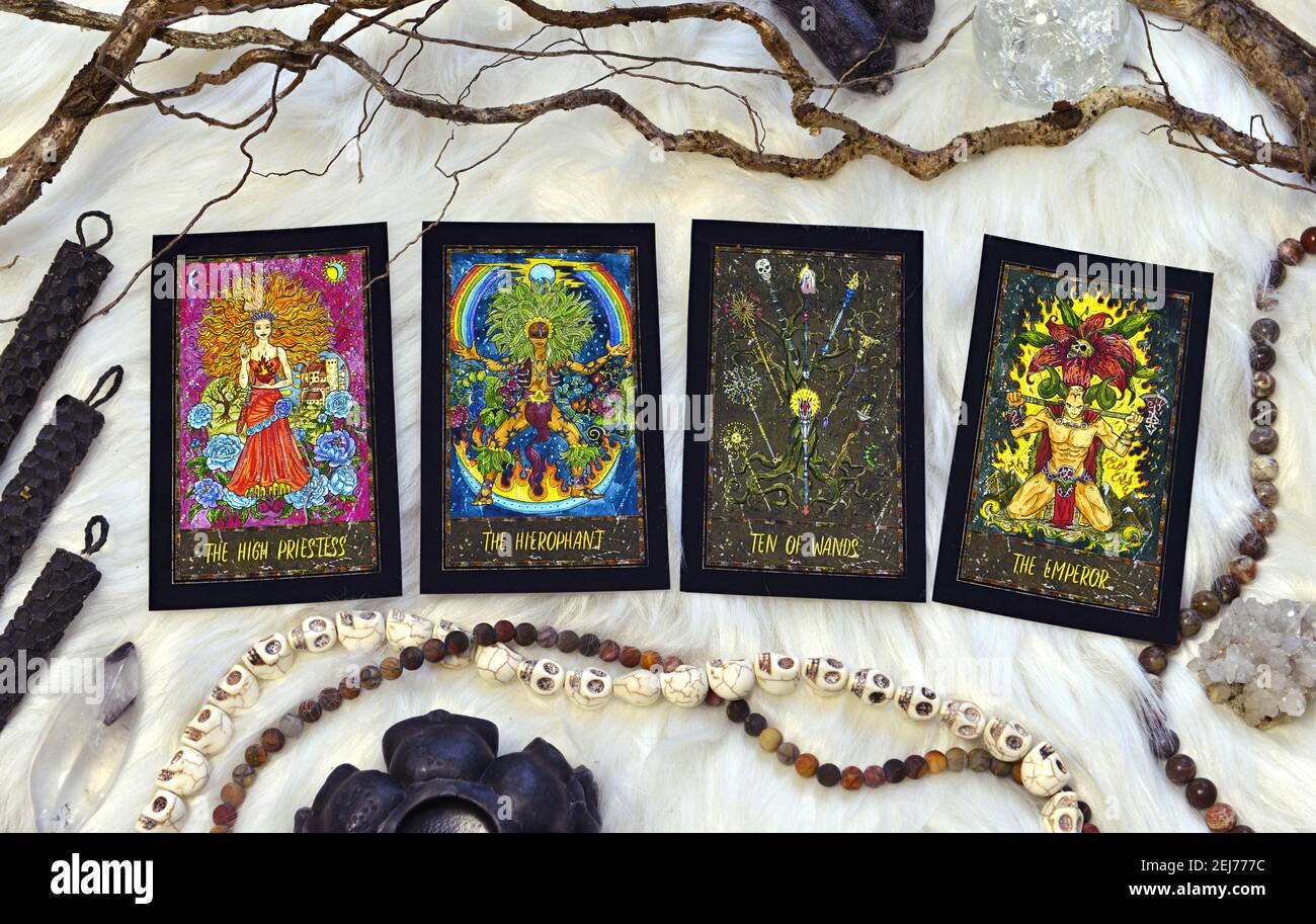 Fortune telling ritual with tarot cards and magic objects. Esoteric