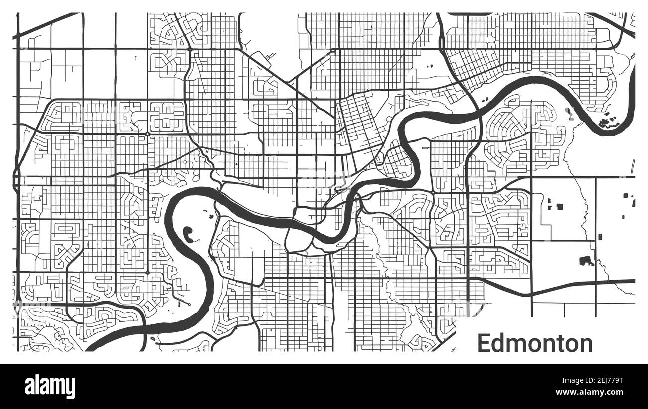 Map of Edmonton city, Alberta, Canada. Horizontal background map poster black and white land, streets and rivers. 1920 1080 proportions. Royalty free Stock Vector