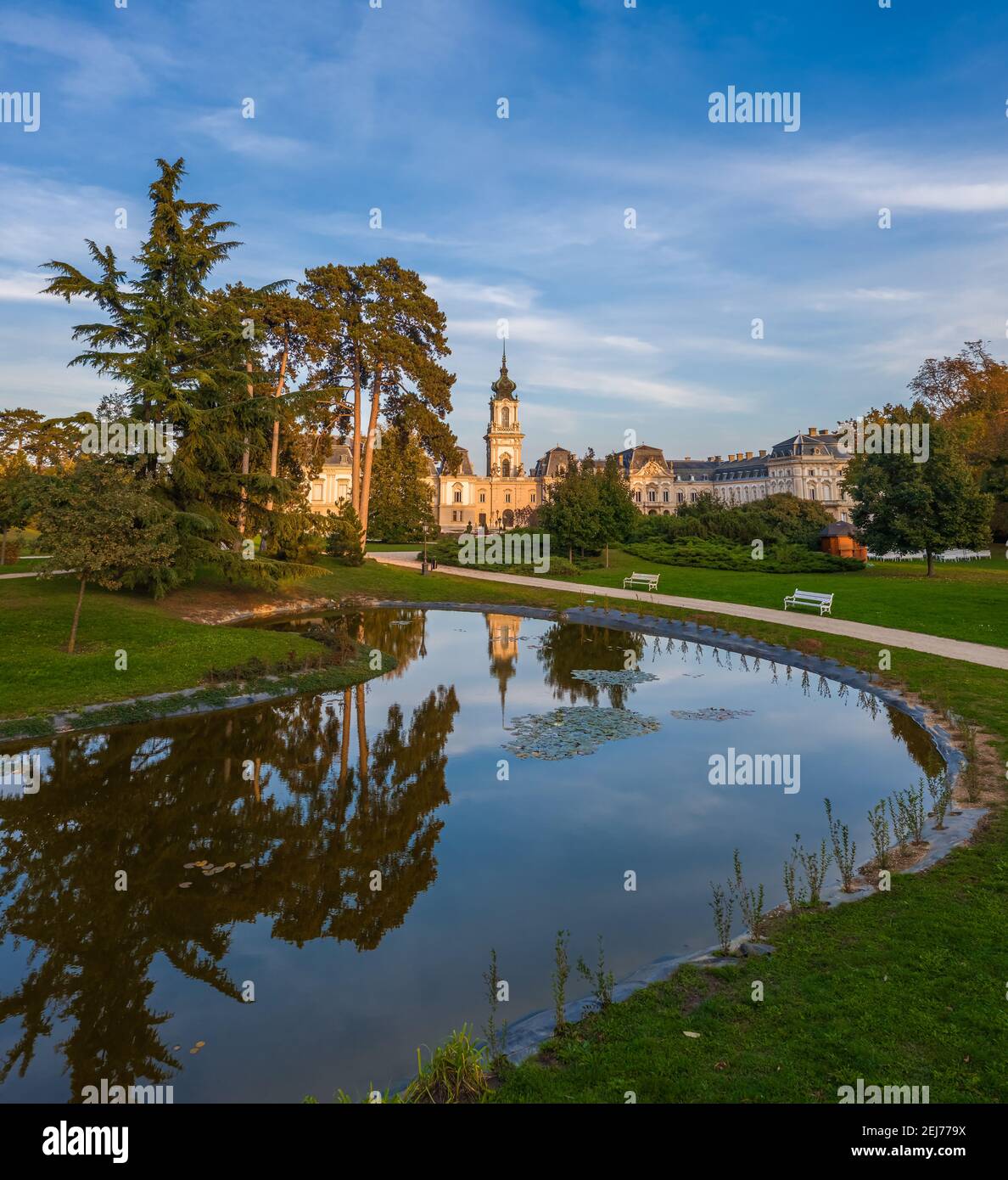 Keszthely, Hungary - Aerial view of Keszthely gardens with small lale and the famous Festetics Palace (Festetics Kastely) on a warm autumn afternoon w Stock Photo