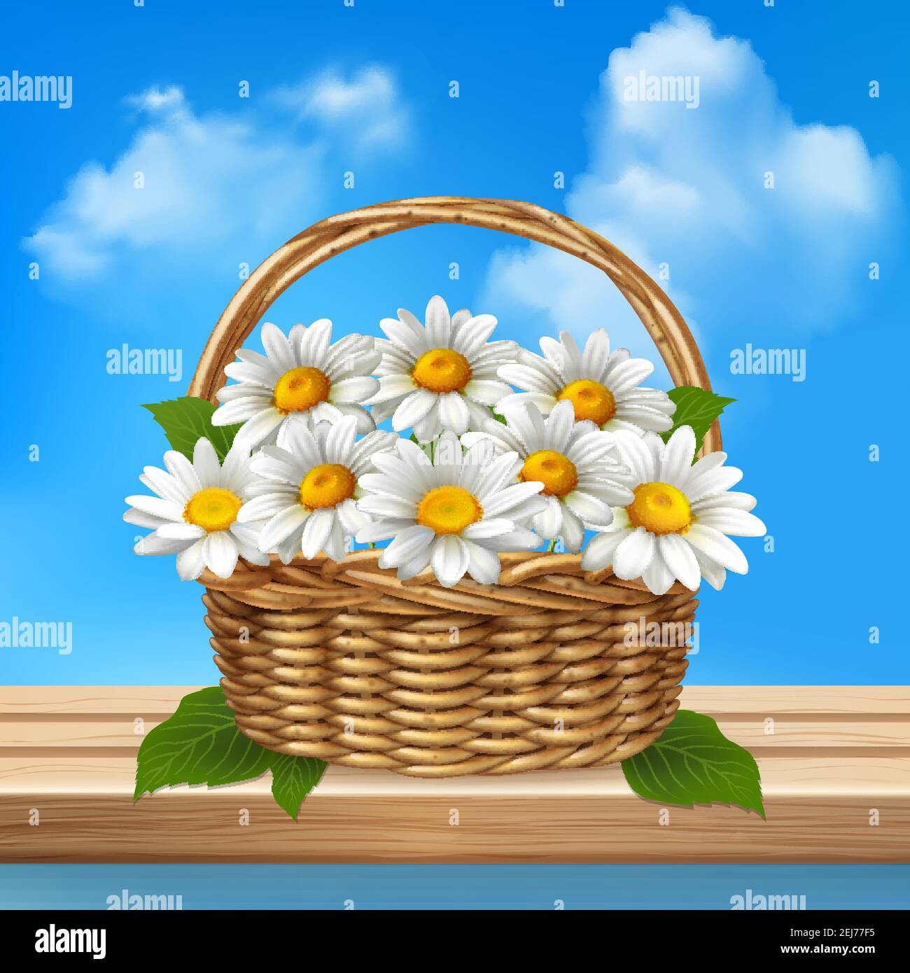 Daisy Realistic Colored Composition Wicker Basket Of Flowers Stands On A Wooden Bench Vector Illustration Stock Vector Image Art Alamy