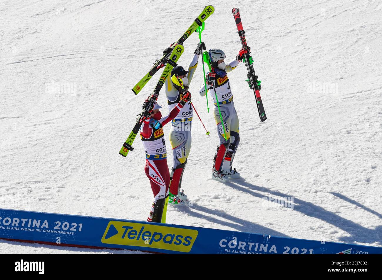 Cortina (BL, Italy. 21st Feb, 2021. Cortina (BL), Italy, Druscie, February 21, 2021, Podium during 2021 FIS Alpine World SKI Championships - Slalom - Men - alpine ski race Credit: Sergio Bisi/LPS/ZUMA Wire/Alamy Live News Stock Photo