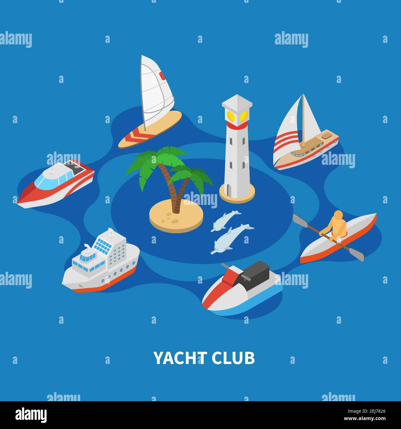 Yacht club isometric round composition on blue background with sail and ...