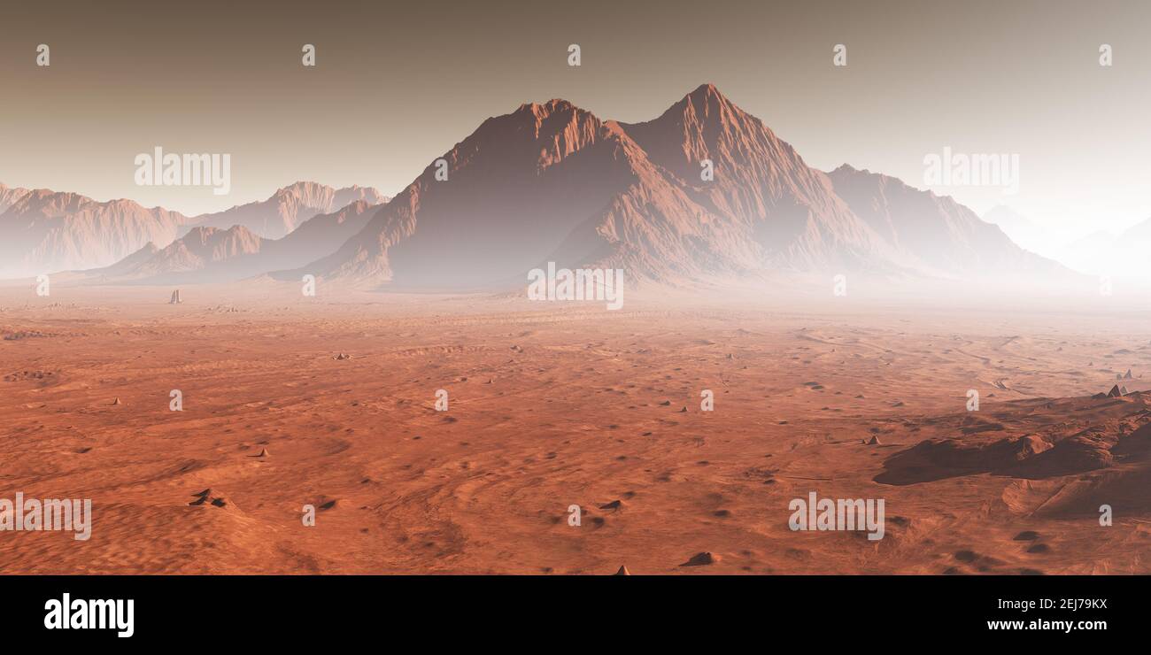 Sunset on Mars, dust obscured Martian landscape. 3D illustration Stock Photo