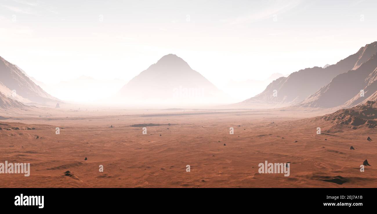 Dust obscured Martian landscape. 3D illustration Stock Photo