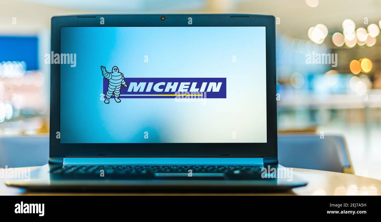 POZNAN, POL - AUG 8, 2020: Laptop computer displaying logo of Michelin, a French multinational tyre manufacturer based in Clermont-Ferrand. Stock Photo