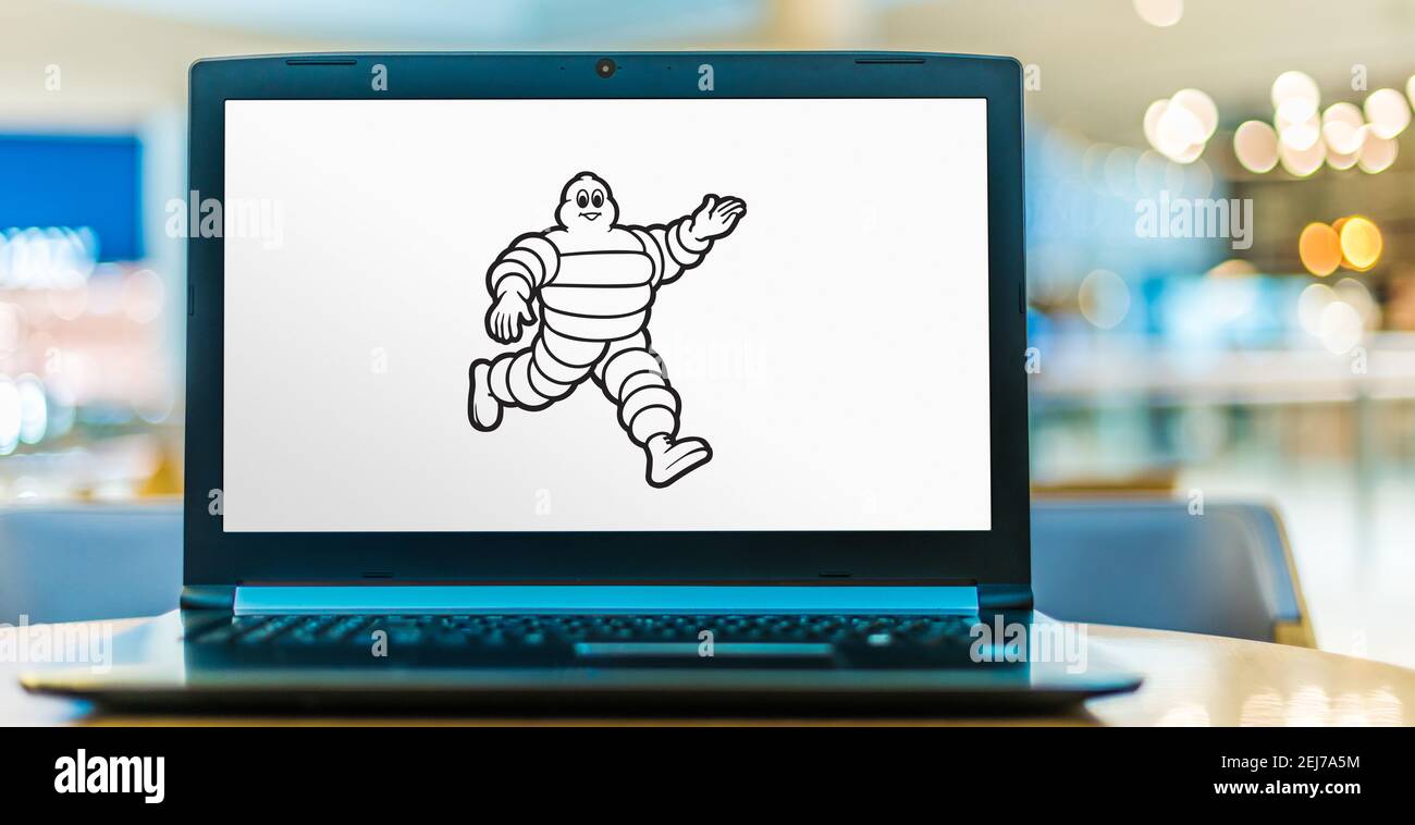 POZNAN, POL - AUG 8, 2020: Laptop computer displaying logo of Michelin, a French multinational tyre manufacturer based in Clermont-Ferrand. Stock Photo