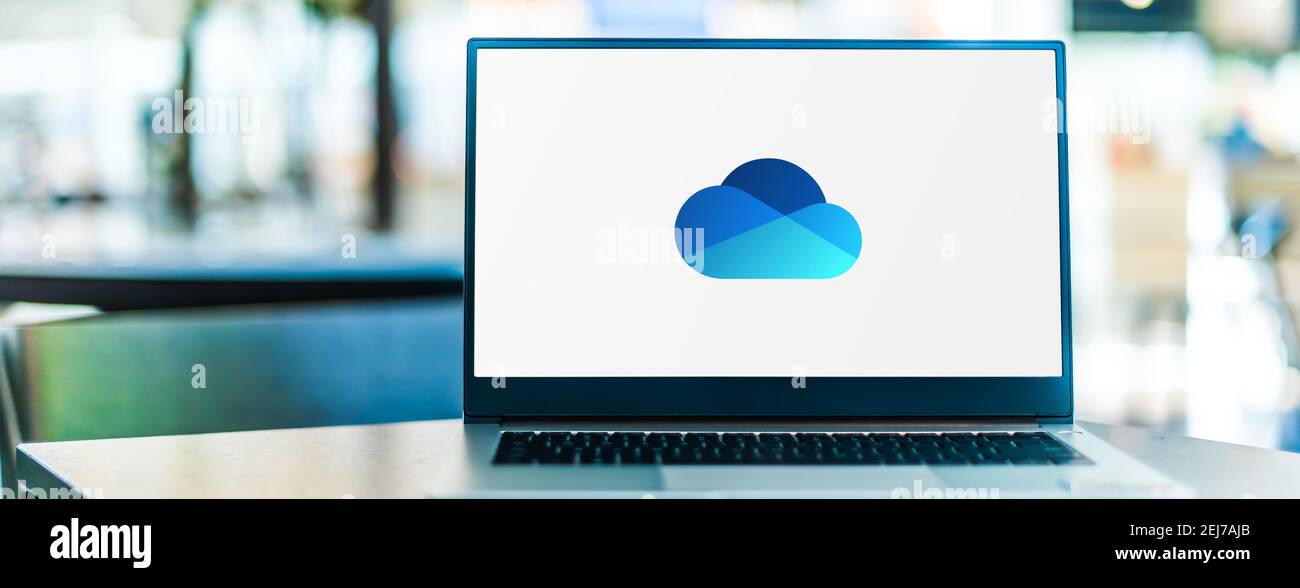 POZNAN, POL - SEP 23, 2020: Laptop computer displaying logo of Microsoft OneDrive, a file hosting service and synchronization service operated by Micr Stock Photo