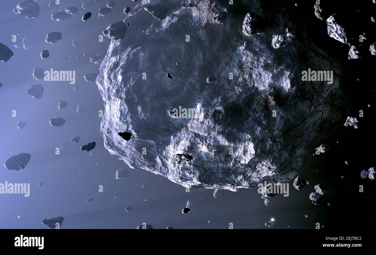 Asteroid Belt. Located between the orbits of Mars and Jupiter, 3d rendering Stock Photo