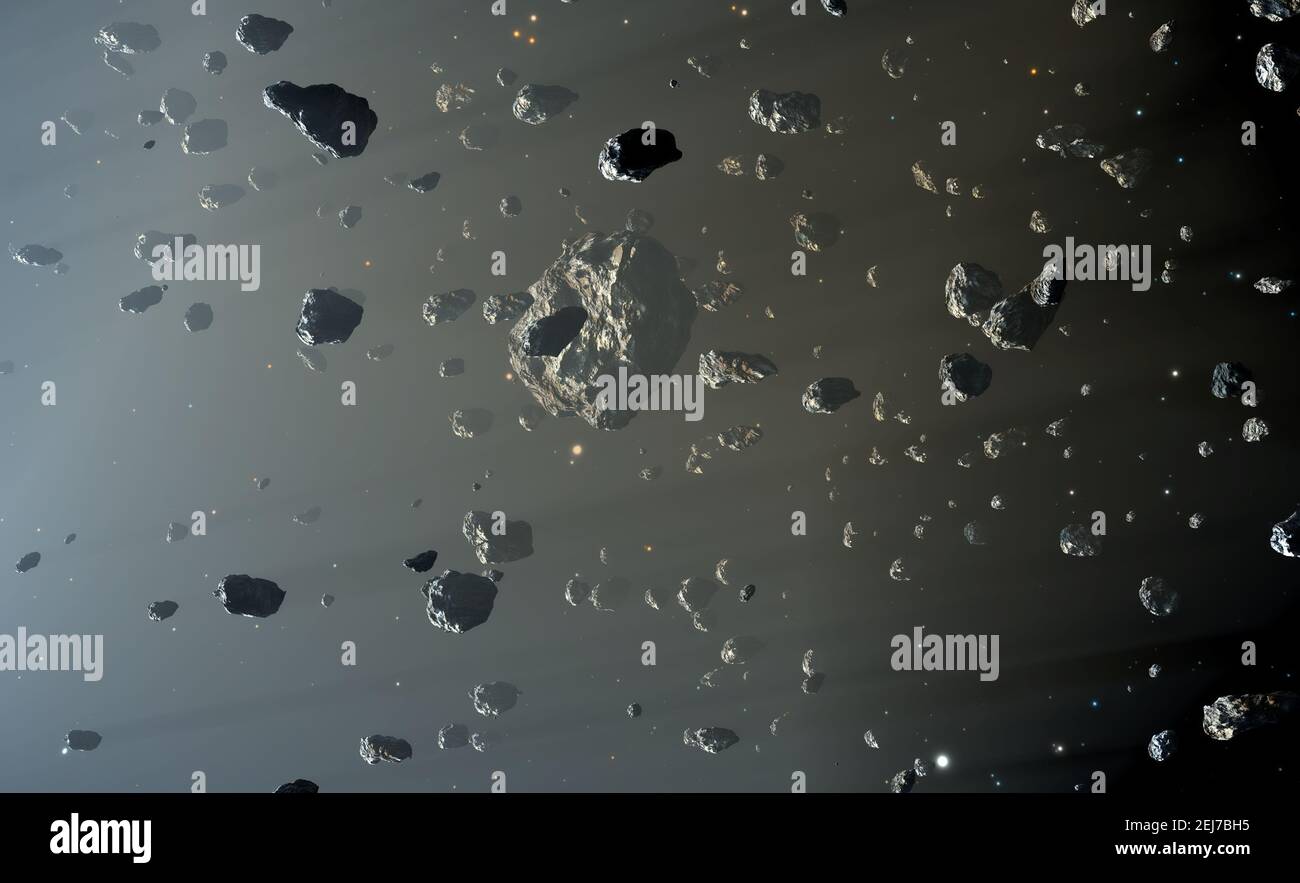 Asteroid Belt. Located between the orbits of Mars and Jupiter, 3d rendering Stock Photo