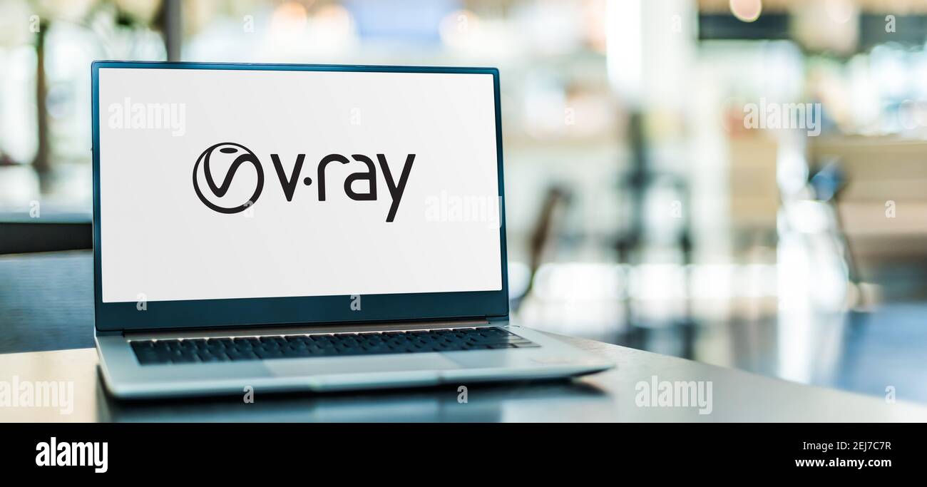 POZNAN, POL - SEP 23, 2020: Laptop computer displaying logo of V-Ray a biased computer-generated imagery rendering software application developed by B Stock Photo