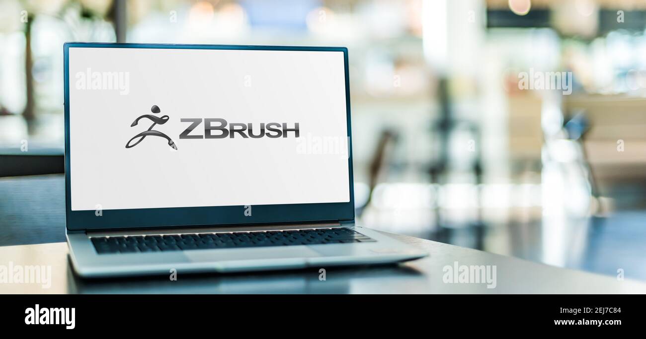 POZNAN, POL - SEP 23, 2020: Laptop computer displaying logo of ZBrush, a digital sculpting tool that combines 3D/2.5D modeling, texturing and painting Stock Photo
