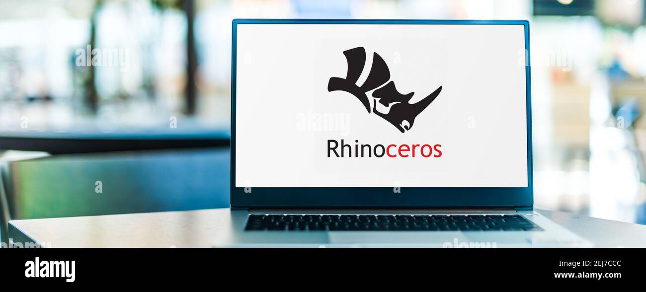 POZNAN, POL - SEP 23, 2020: Laptop computer displaying logo of Rhinoceros, a commercial 3D computer graphics and computer-aided design (CAD) applicati Stock Photo
