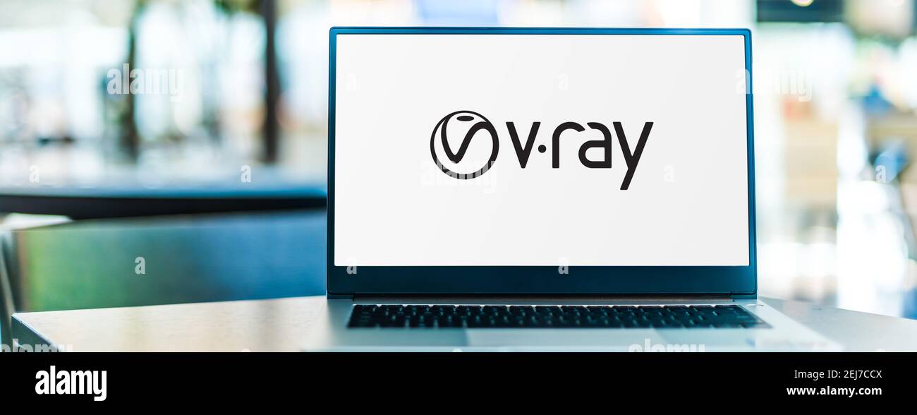POZNAN, POL - SEP 23, 2020: Laptop computer displaying logo of V-Ray a biased computer-generated imagery rendering software application developed by B Stock Photo