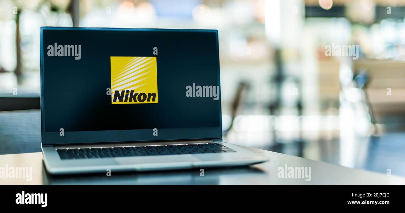 POZNAN, POL - SEP 23, 2020: Laptop computer displaying logo of Nikon, a Japanese multinational corporation headquartered in Tokyo, Japan, specializing Stock Photo