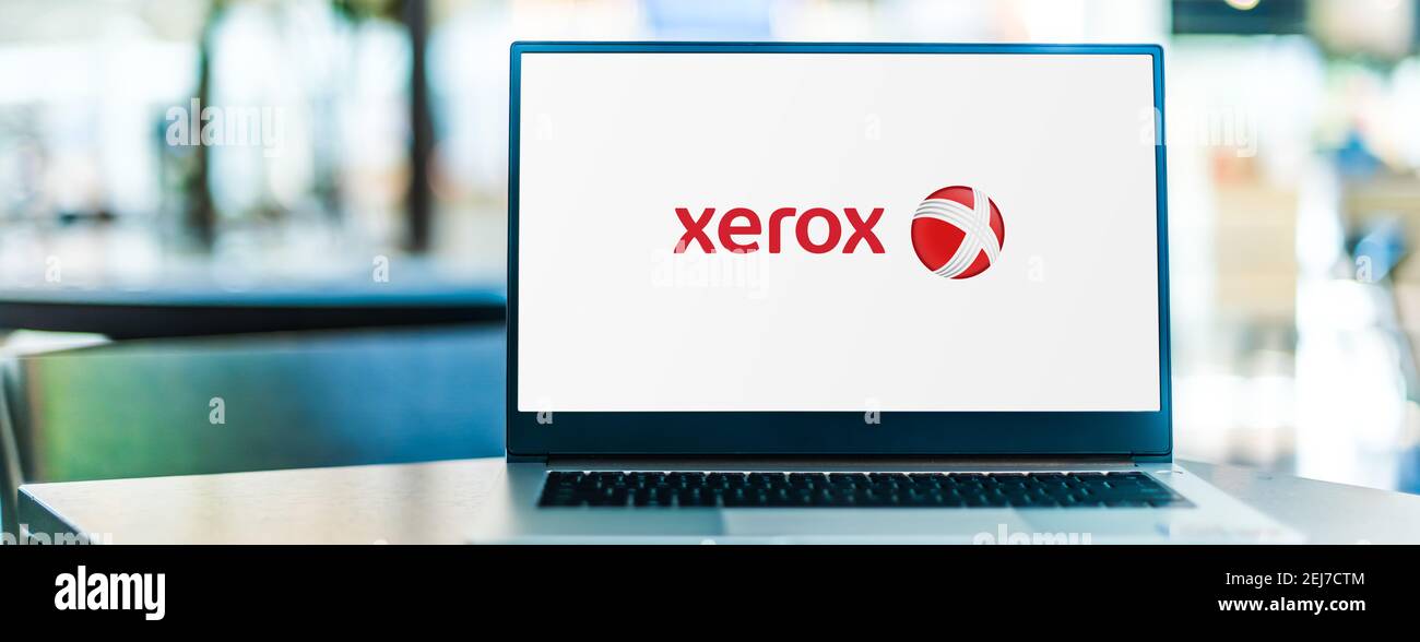 POZNAN, POL - SEP 23, 2020: Laptop computer displaying logo of Xerox Holdings Corporation, an American corporation that sells print and digital docume Stock Photo