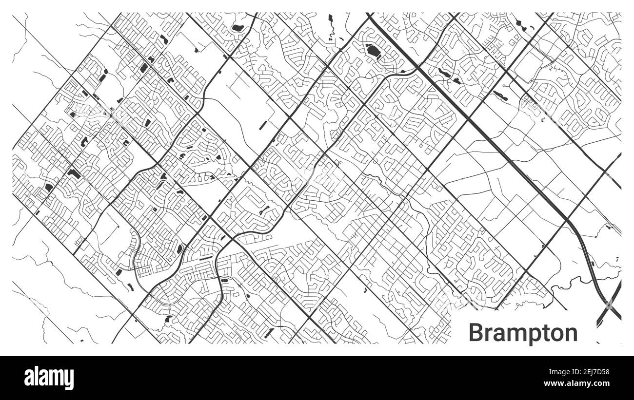 Map of Brampton city, Ontario, Canada. Horizontal background map poster black and white land, streets and rivers. 1920 1080 proportions. Royalty free Stock Vector