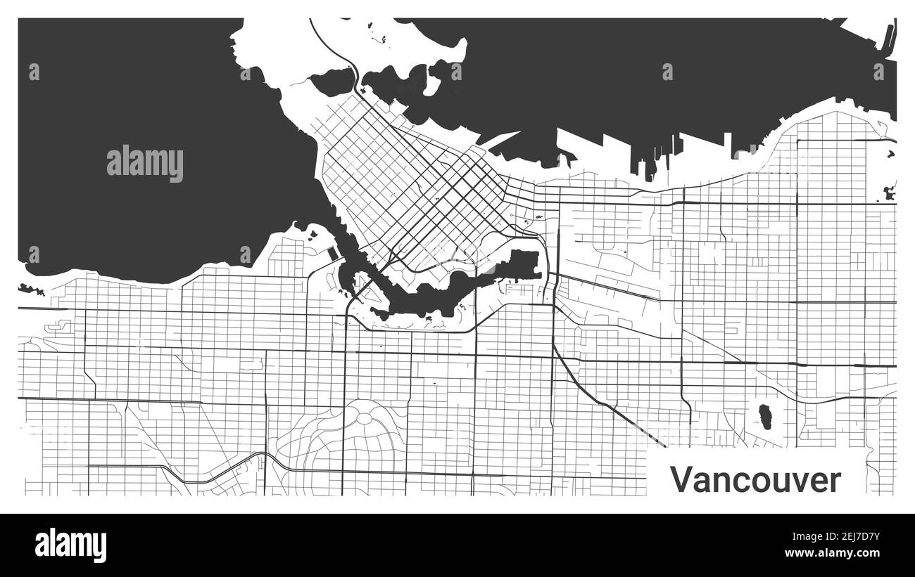 Map of Vancouver city, British Columbia, Canada. Horizontal background map poster black and white land, streets and rivers. 1920 1080 proportions. Roy Stock Vector