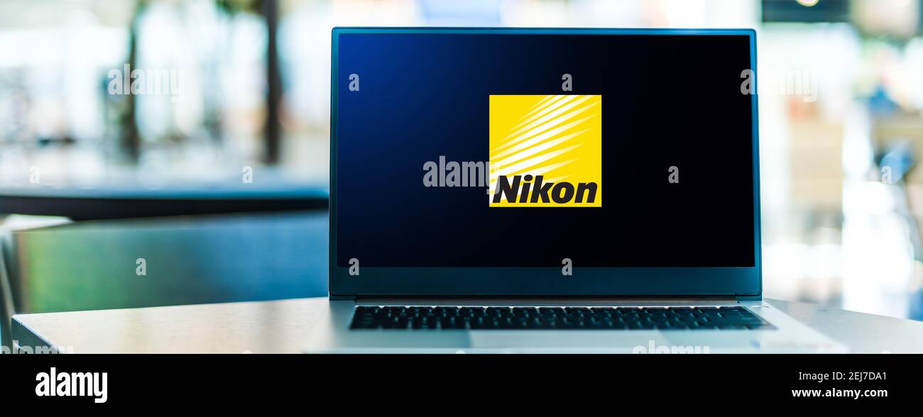 POZNAN, POL - SEP 23, 2020: Laptop computer displaying logo of Nikon, a Japanese multinational corporation headquartered in Tokyo, Japan, specializing Stock Photo