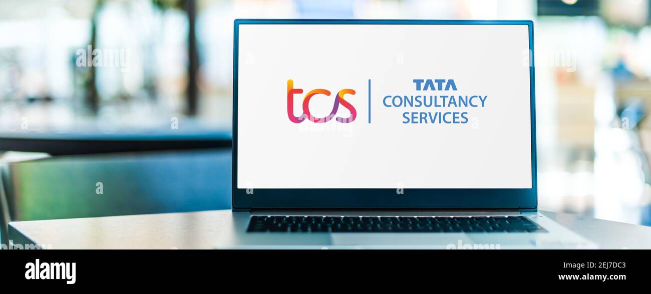 POZNAN, POL - SEP 23, 2020: Laptop computer displaying logo of TCS, an