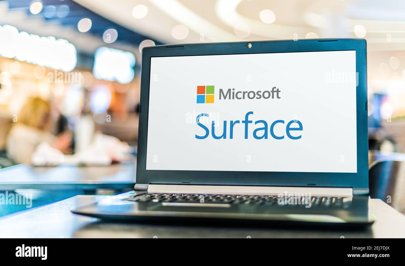 POZNAN, POL - SEP 23, 2020: Laptop computer displaying logo of Microsoft Surface, a series of touchscreen-based personal computers and interactive whi Stock Photo