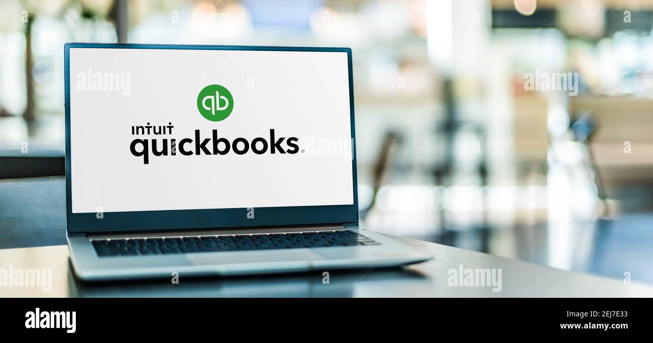 POZNAN, POL - SEP 23, 2020: Laptop computer displaying logo of QuickBooks, an accounting software package developed and marketed by Intuit Stock Photo