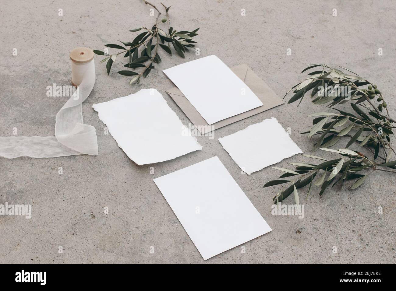 Summer wedding stationery, birthday mock-ups. Blank greeting cards, invitations set. White silk ribbon and olive tree branches. Grunge concrete Stock Photo