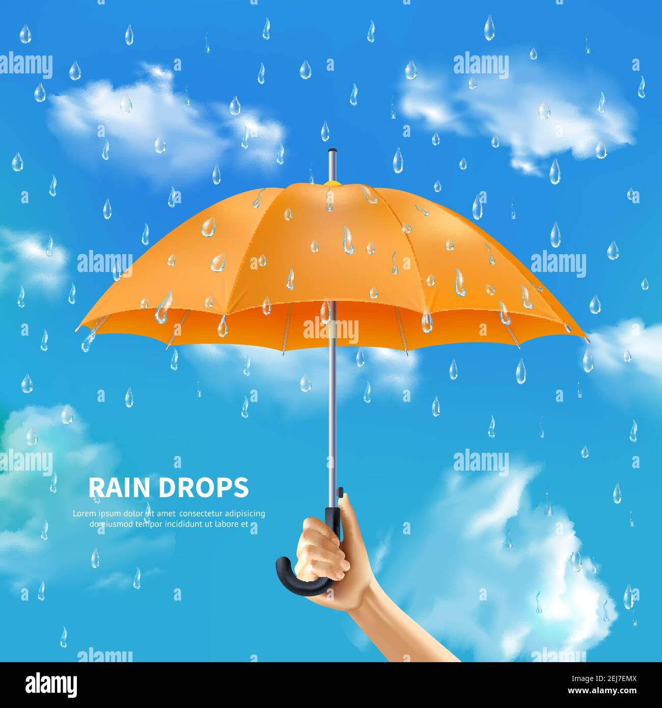 Rain drops realistic poster with people hand holding open orange umbrella on cloudy sky background vector illustration Stock Vector