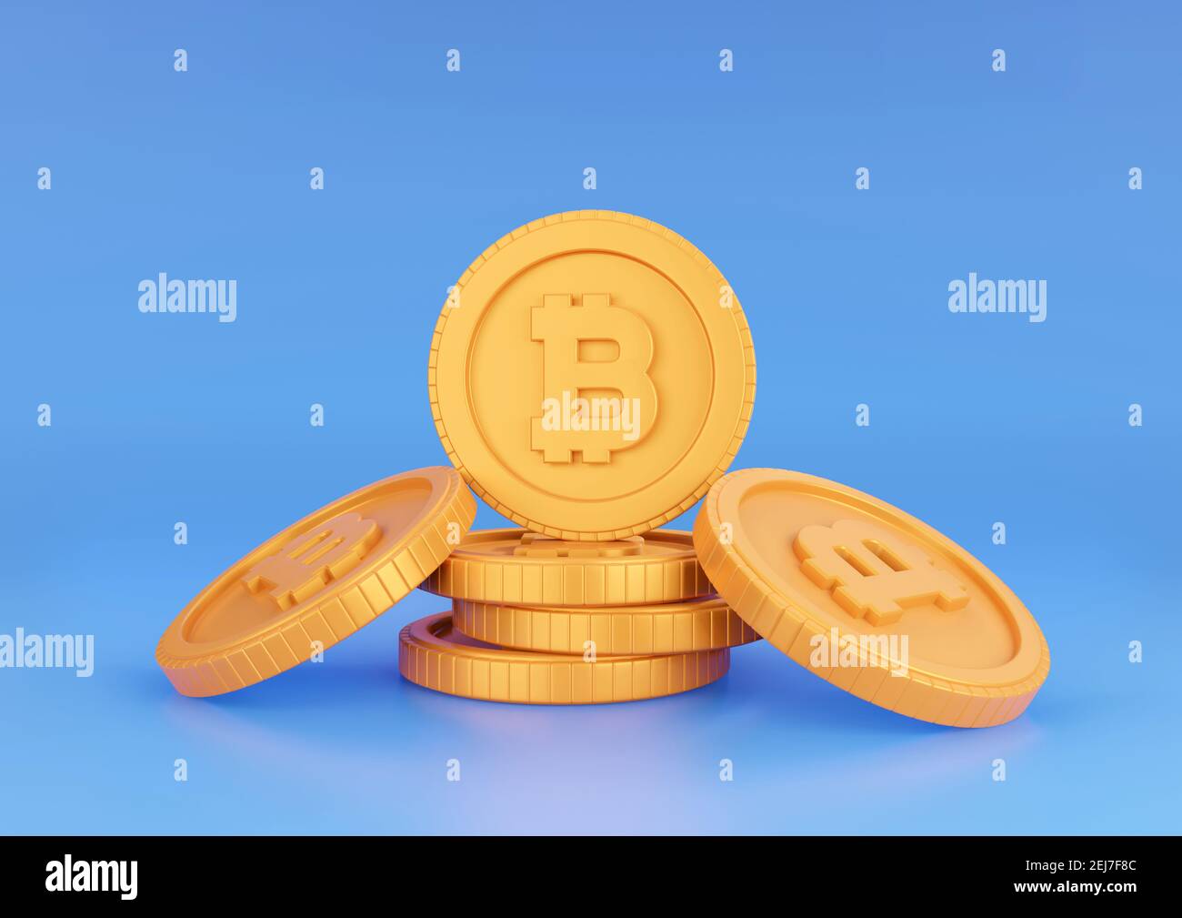 3d Rendering Bitcoin Stack on Blue Background. Cryptocurrency and Blockchain Technology Concept. Stock Photo