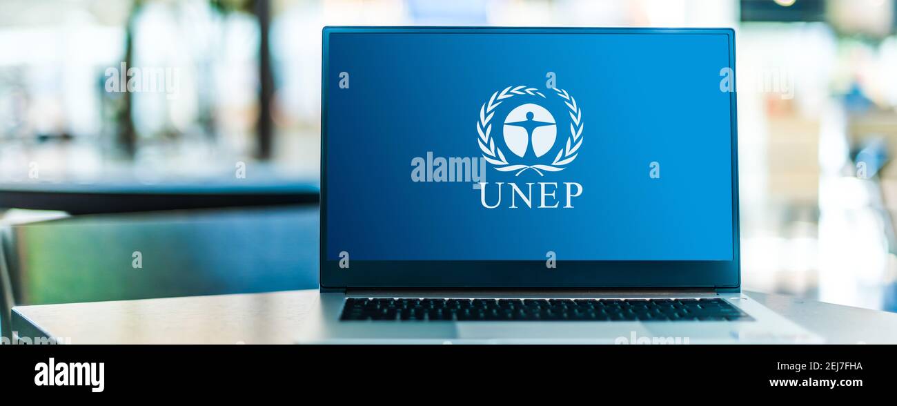 POZNAN, POL - NOV 12, 2020: Laptop computer displaying logo of  UNEP, the UN programme responsible for coordinating the UN's environmental activities Stock Photo