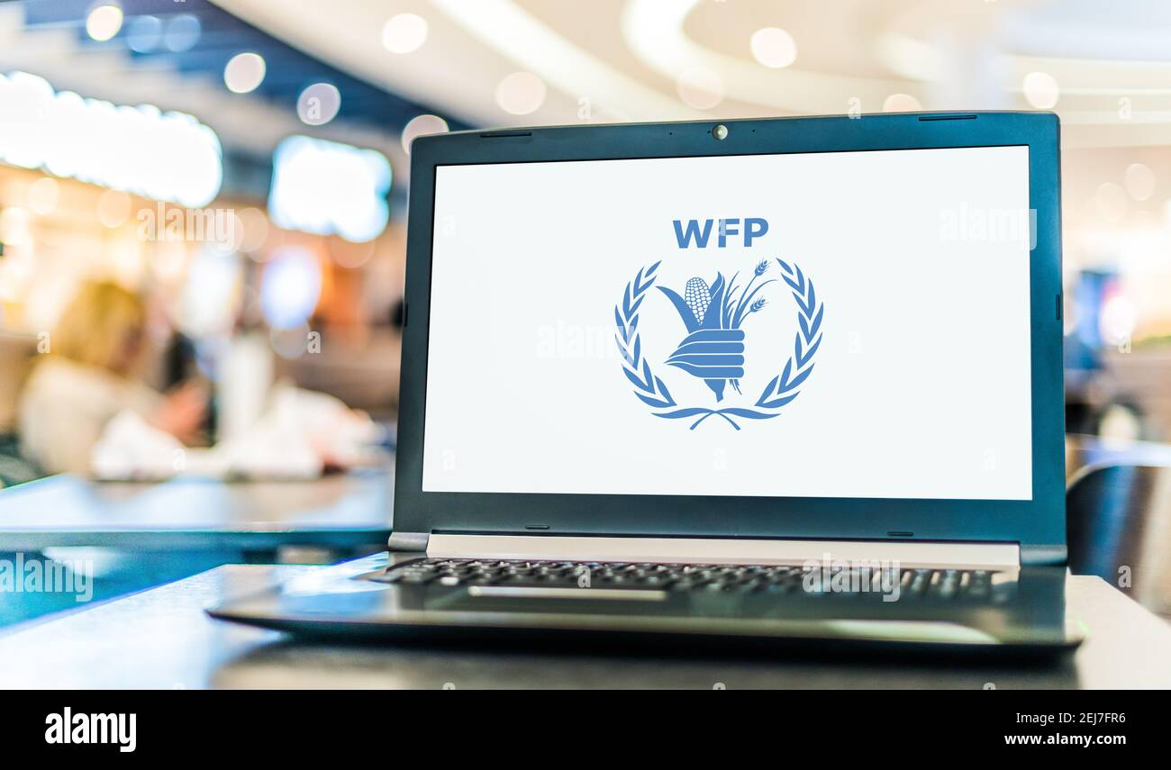 POZNAN, POL - NOV 12, 2020: Laptop computer displaying logo of The World Food Programme (WFP), the food-assistance branch of the United Nations Stock Photo