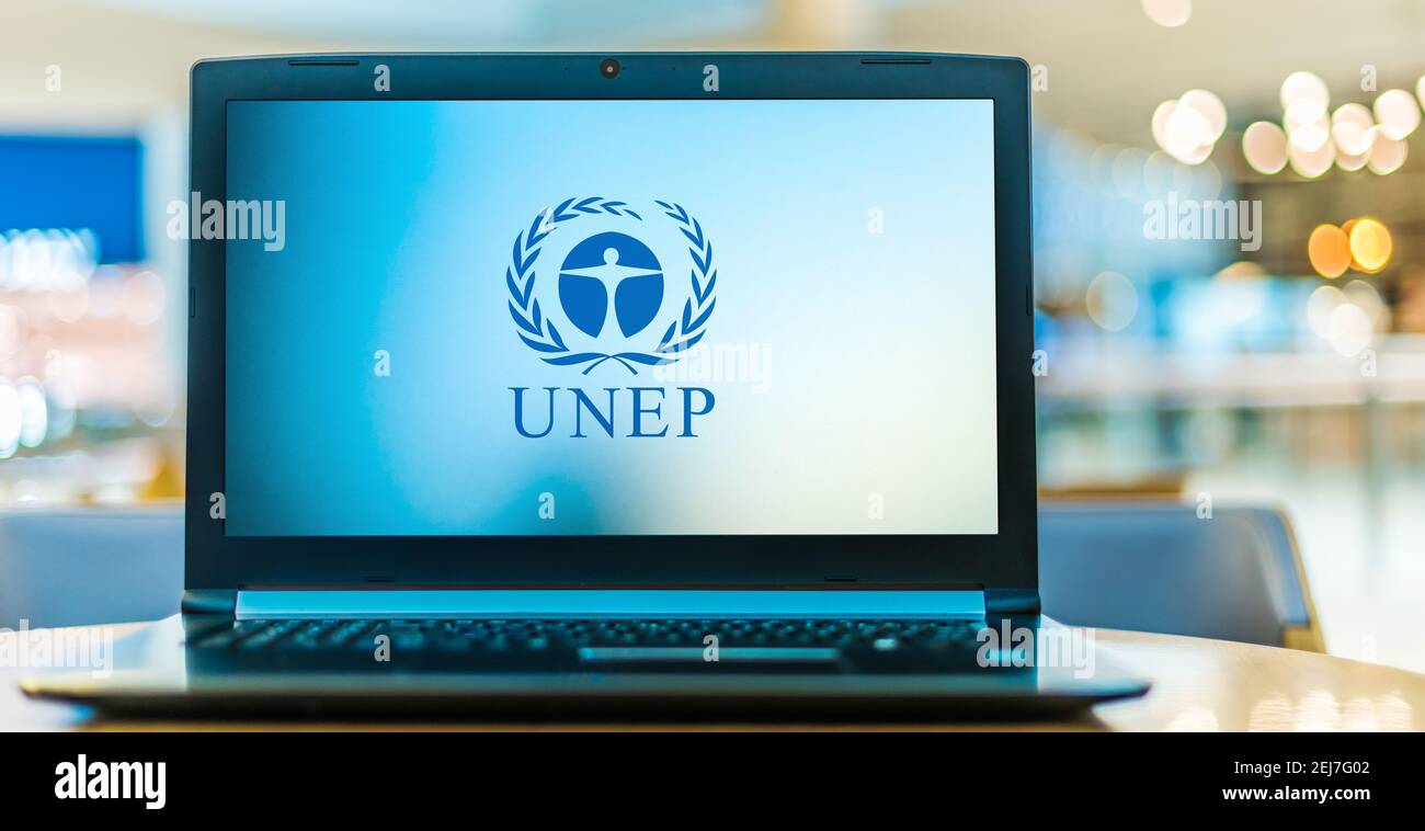 POZNAN, POL - NOV 12, 2020: Laptop computer displaying logo of  UNEP, the UN programme responsible for coordinating the UN's environmental activities Stock Photo