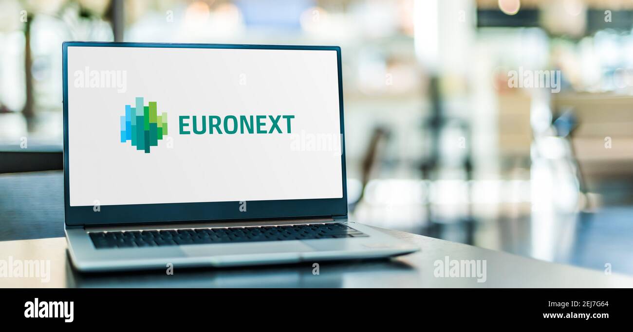 POZNAN, POL - NOV 12, 2020: Laptop computer displaying logo of Euronext N.V., the largest stock exchange in Europe, operating markets in Amsterdam, Br Stock Photo
