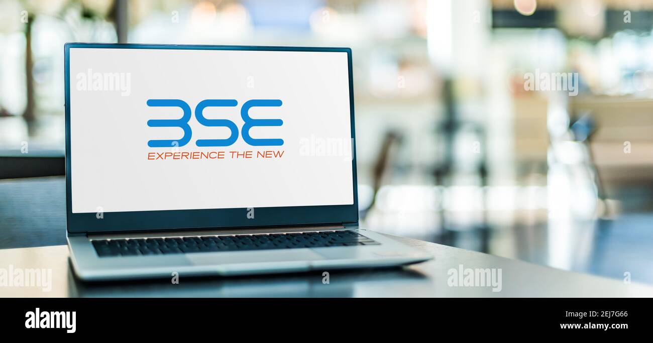 POZNAN, POL - NOV 12, 2020: Laptop computer displaying logo of BSE, an Indian stock exchange located at Dalal Street, Mumbai Stock Photo