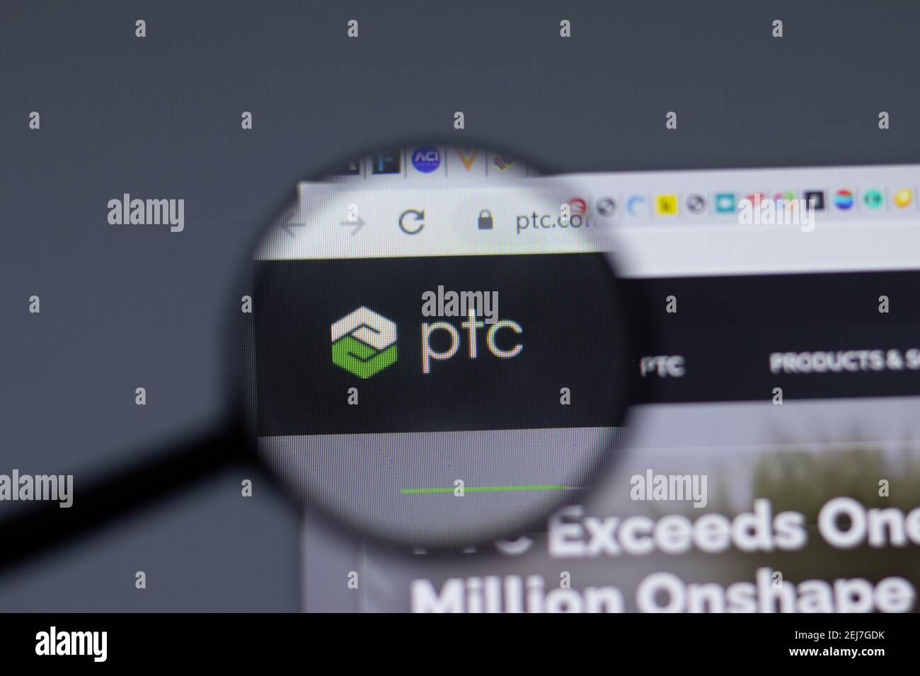 New York, USA - 17 February 2021: PTC Parametric Technology Corporation logo close up on website page, Illustrative Editorial Stock Photo