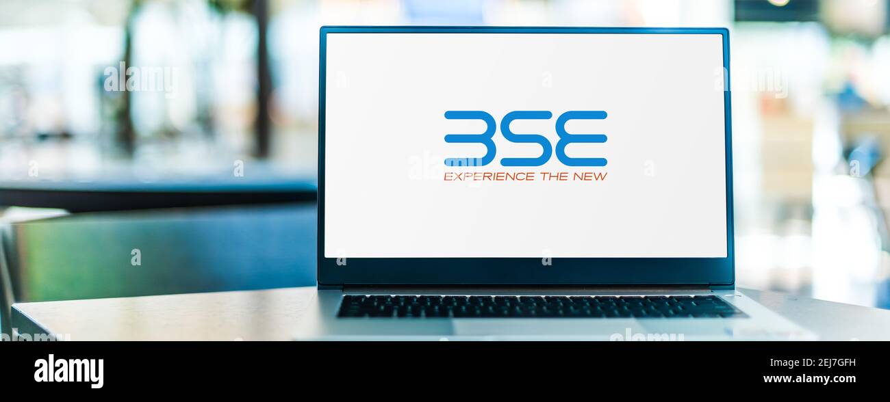 POZNAN, POL - NOV 12, 2020: Laptop computer displaying logo of BSE, an Indian stock exchange located at Dalal Street, Mumbai Stock Photo