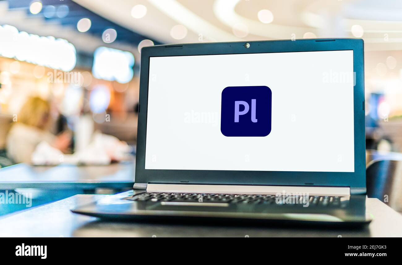 POZNAN, POL - NOV 12, 2020: Laptop computer displaying logo of Adobe Prelude, an ingest and logging tool for tagging media with metadata Stock Photo