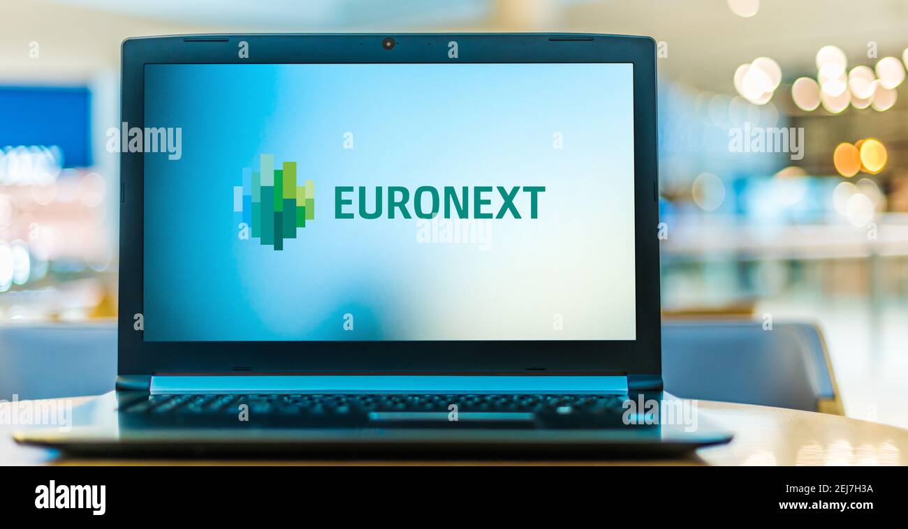 POZNAN, POL - NOV 12, 2020: Laptop computer displaying logo of Euronext N.V., the largest stock exchange in Europe, operating markets in Amsterdam, Br Stock Photo