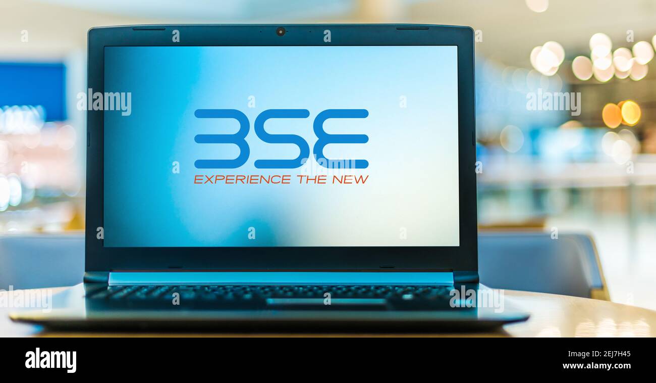 POZNAN, POL - NOV 12, 2020: Laptop computer displaying logo of BSE, an Indian stock exchange located at Dalal Street, Mumbai Stock Photo
