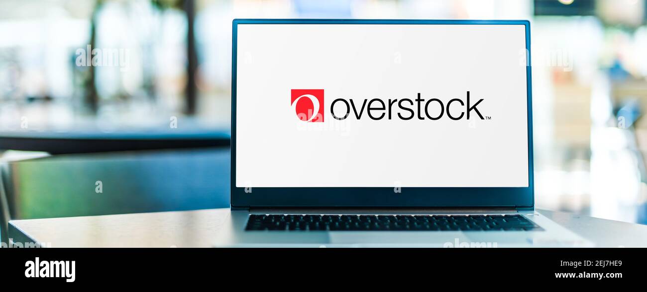 POZNAN, POL - NOV 12, 2020: Laptop computer displaying logo of Overstock, an American internet retailer headquartered in Midvale, Utah, near Salt Lake Stock Photo