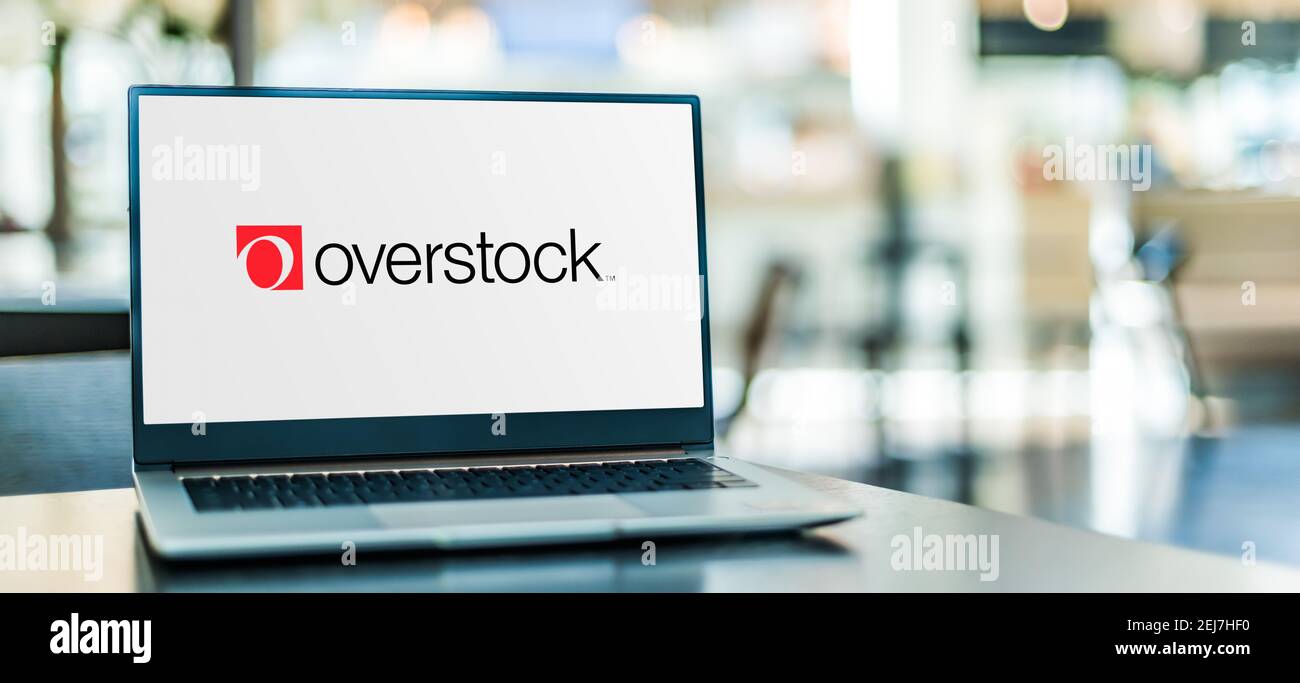 POZNAN, POL - NOV 12, 2020: Laptop computer displaying logo of Overstock, an American internet retailer headquartered in Midvale, Utah, near Salt Lake Stock Photo