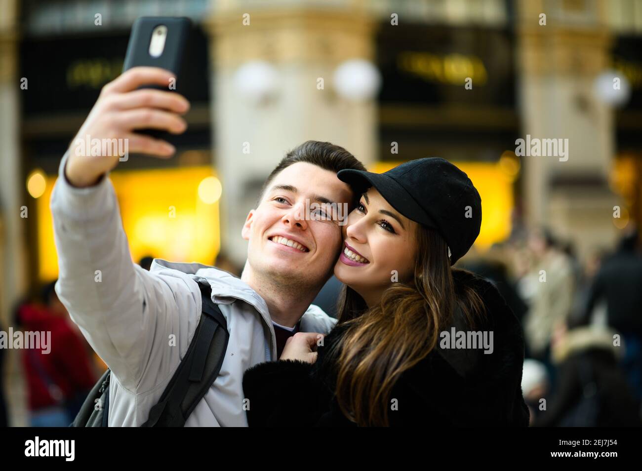 Couple of turists taking a selfie in the city Stock Photo
