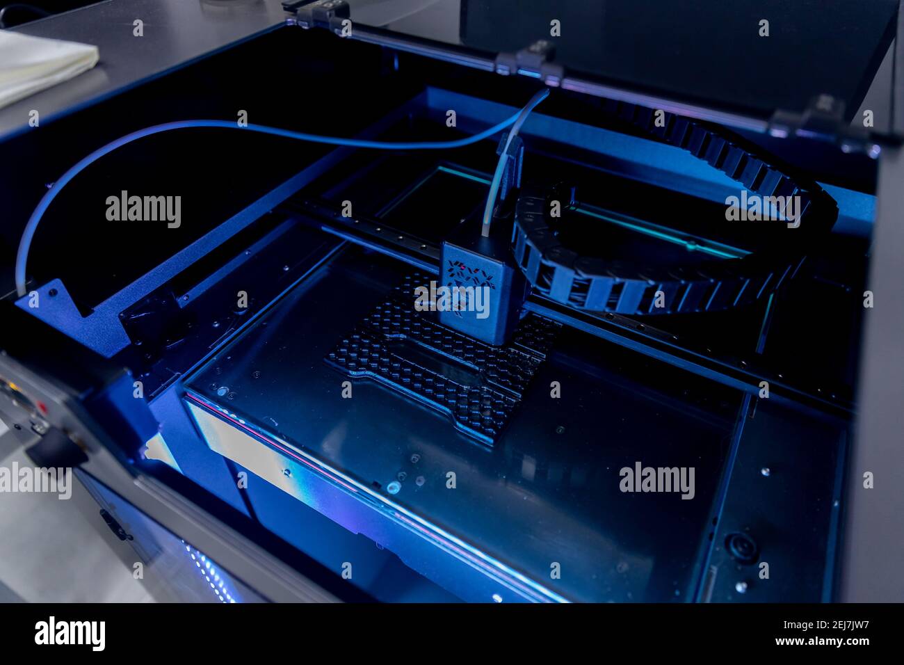 3D printer with nylon and plastic printing, model plate. Stock Photo