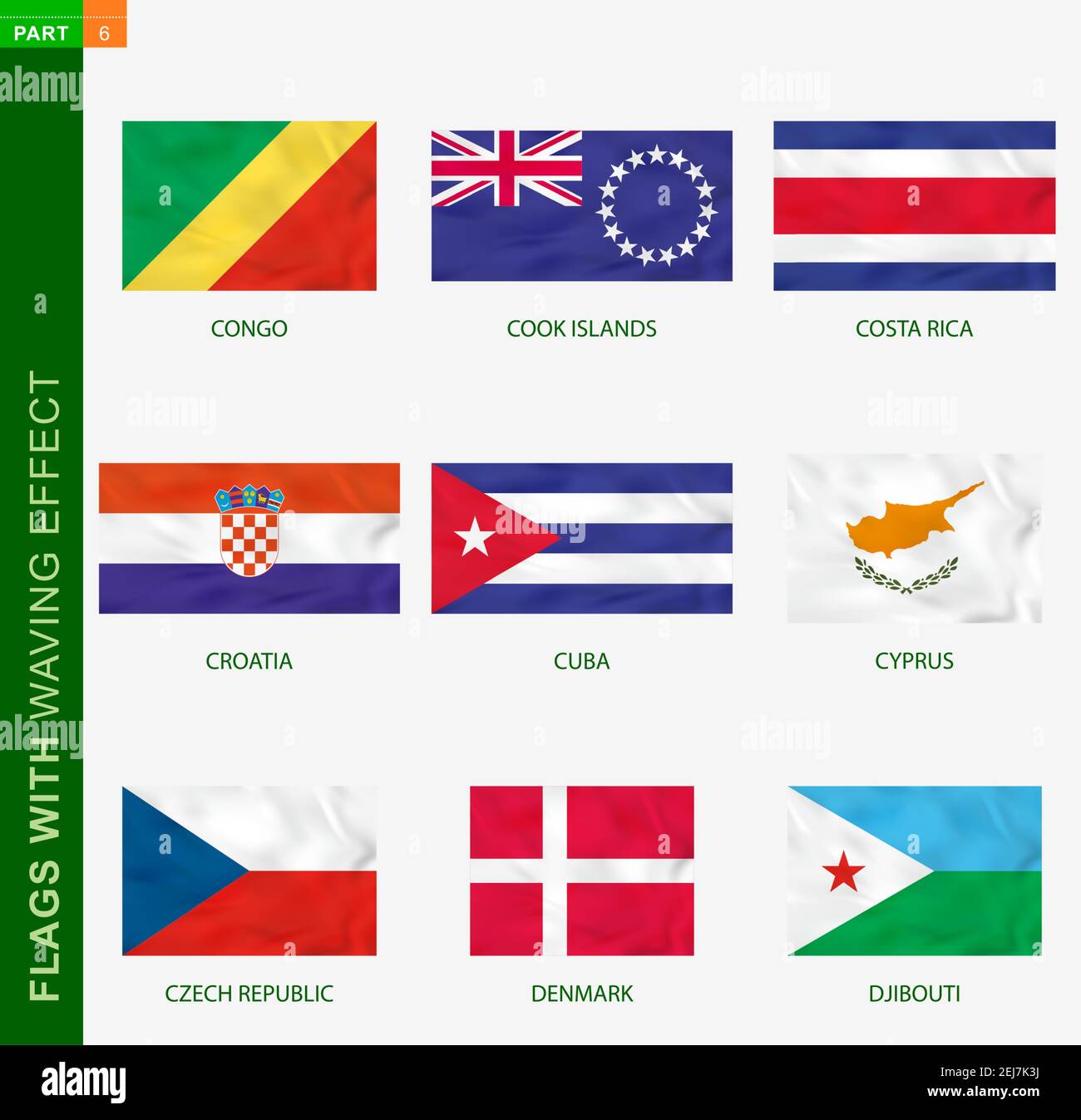 Set of flag with waving effect, national flag with texture. Vector flag of Congo, Cook Islands, Costa Rica, Croatia, Cuba, Cyprus, Czech Republic, Den Stock Vector