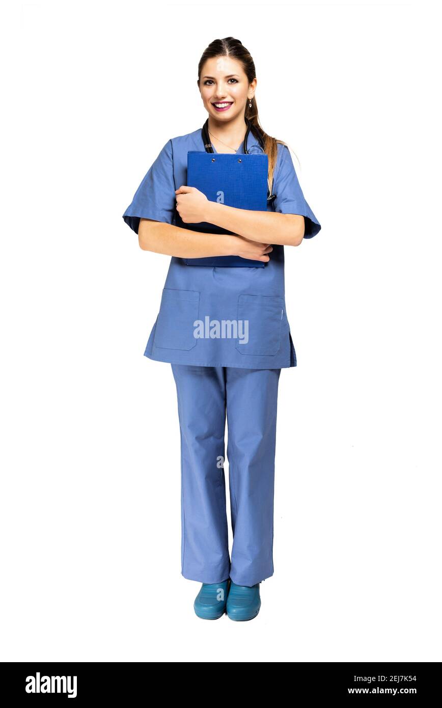 Full length portrait of a young smiling nurse Stock Photo - Alamy