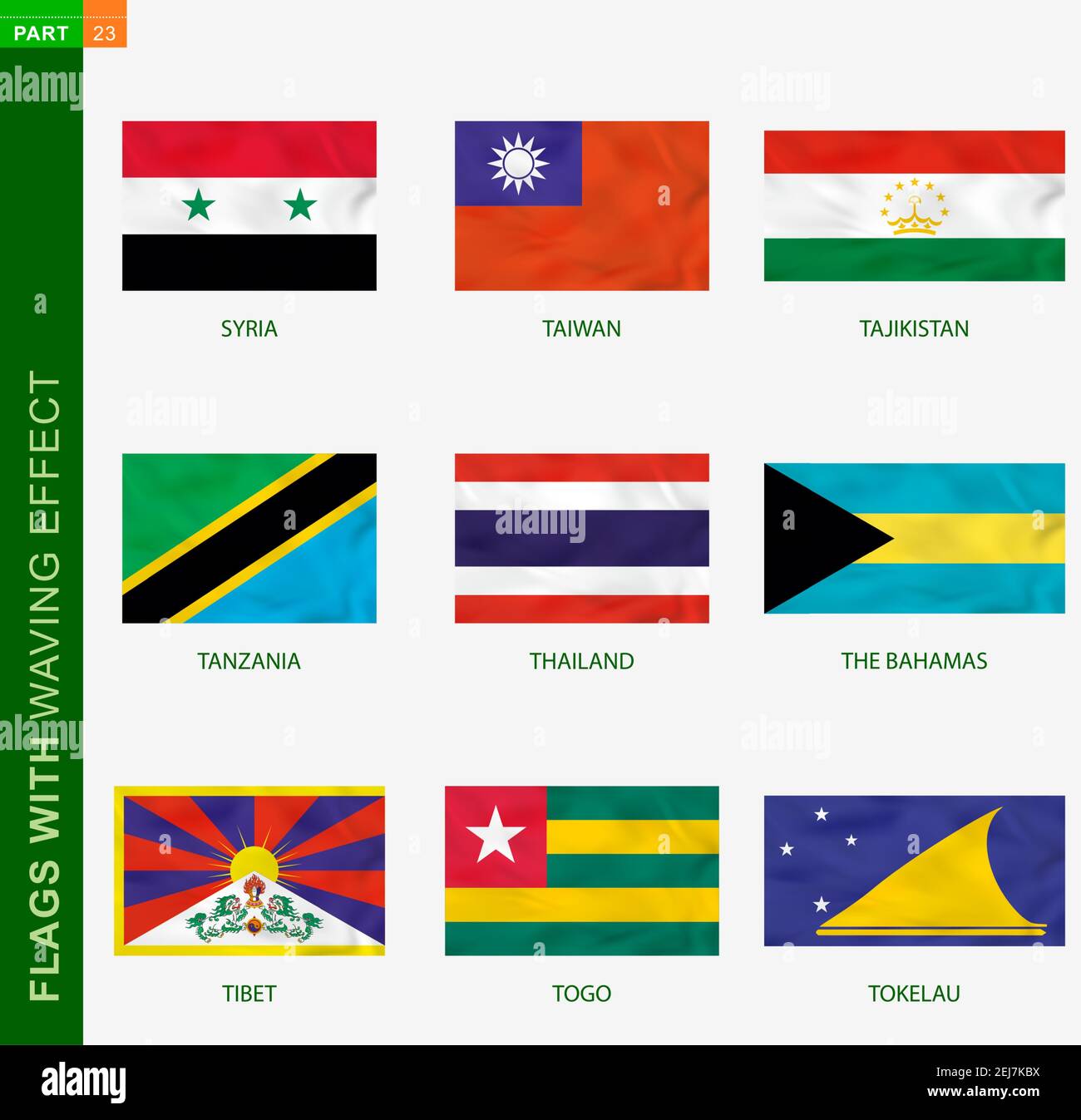 Set of flag with waving effect, national flag with texture. Vector flag of Syria, Taiwan, Tajikistan, Tanzania, Thailand, The Bahamas, Tibet, Togo, To Stock Vector